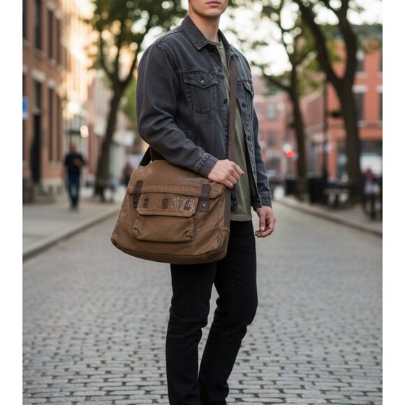 Fossil Vintage Issue No.574 Messenger Bag Canvas & Leather Olive Brown Adjustabl - Picture 1 of 16